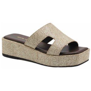 ALL‎ BLACK FOOTWEAR Blunt T Wedge Sandals Silver Brown Leather Womens 40 9-9.5